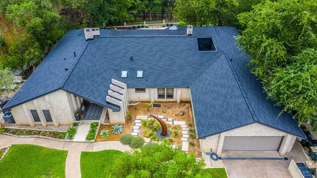 Completed shingle roof, aerial view