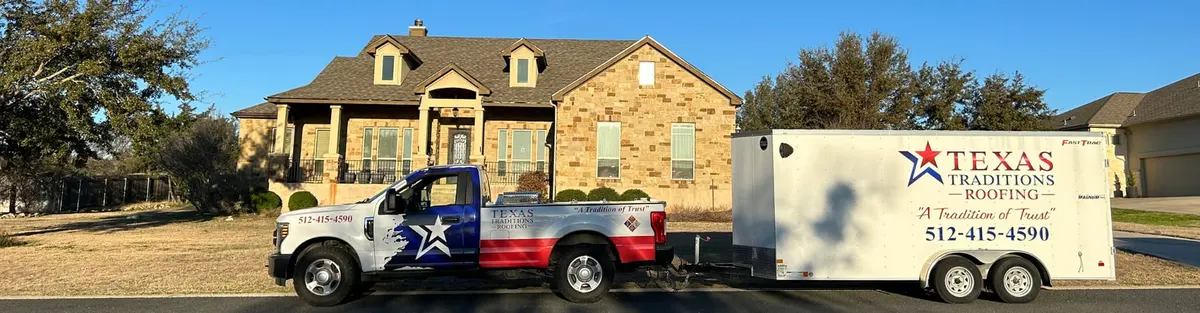 Texas Traditions Roofing truck with Texas flag graphics parked at a Central Texas home
